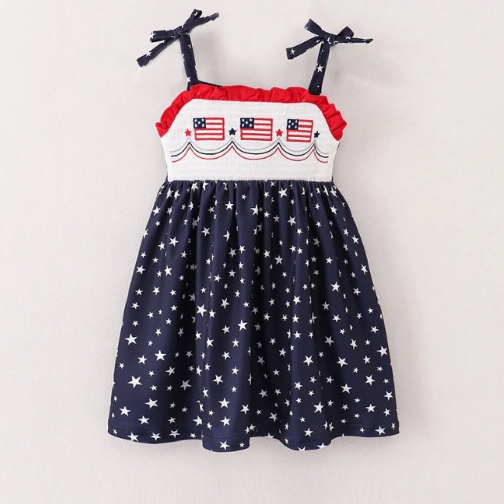 Boutique 4th of July Girls Embroidered US Flag Smocked Sleeveless Dress